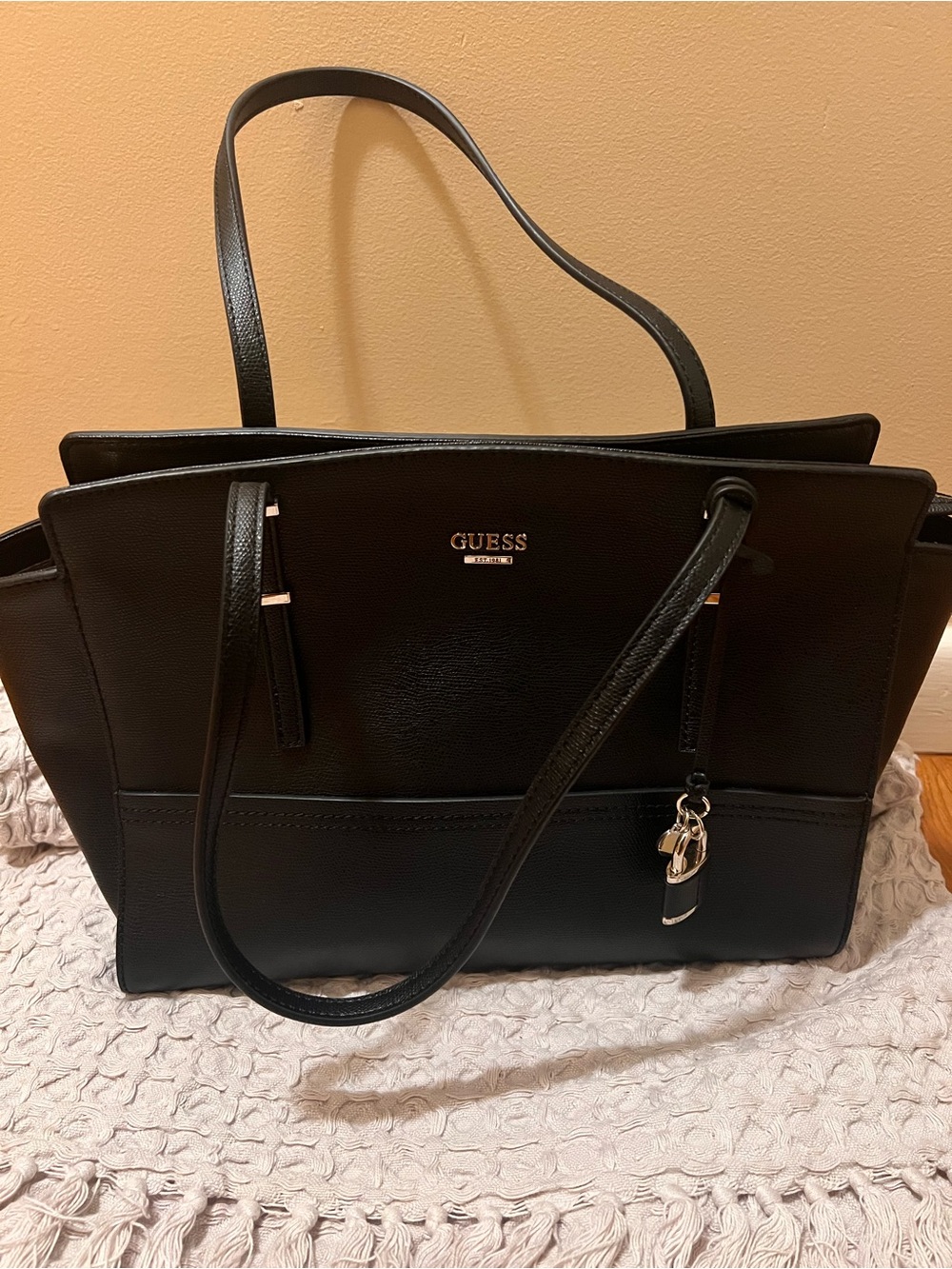 GUESS Black Structured Tote with Gold Accent Charm